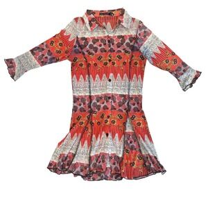 Mechant Red Mixed Print Mesh Button Front Mini Dress 3/4 Sleeve Y2K Boho M EUC